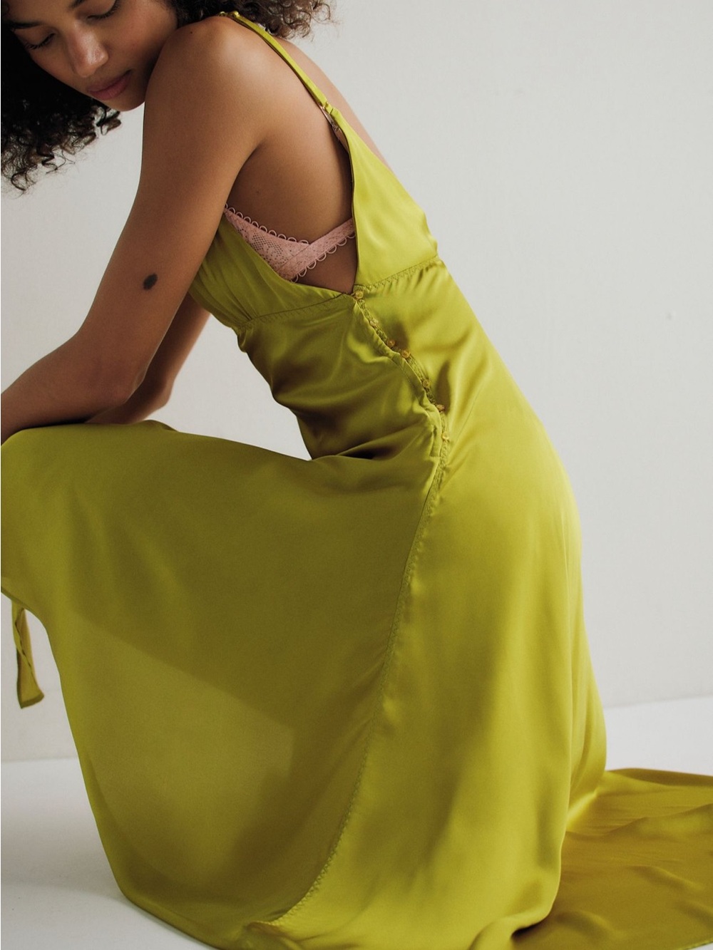 Free People Show Business Satin Midi Slip Dress in Chartreuse Green - Picture 4 of 7